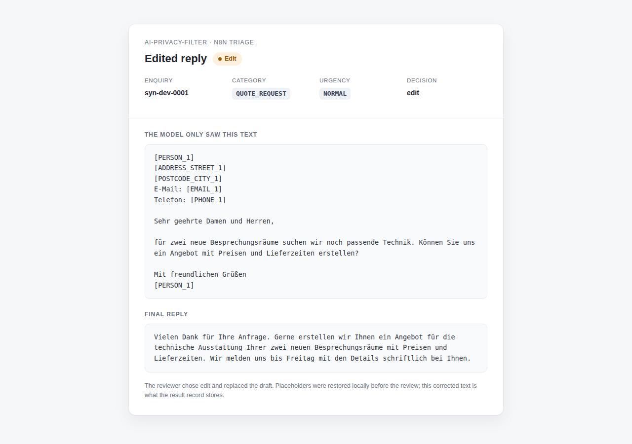 Result card of the edited reply record, showing the text the model saw and the final corrected reply