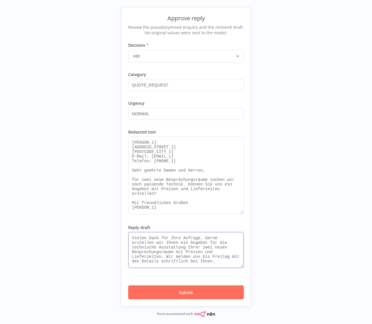 n8n review form with the edit decision selected and a corrected reply draft filled in